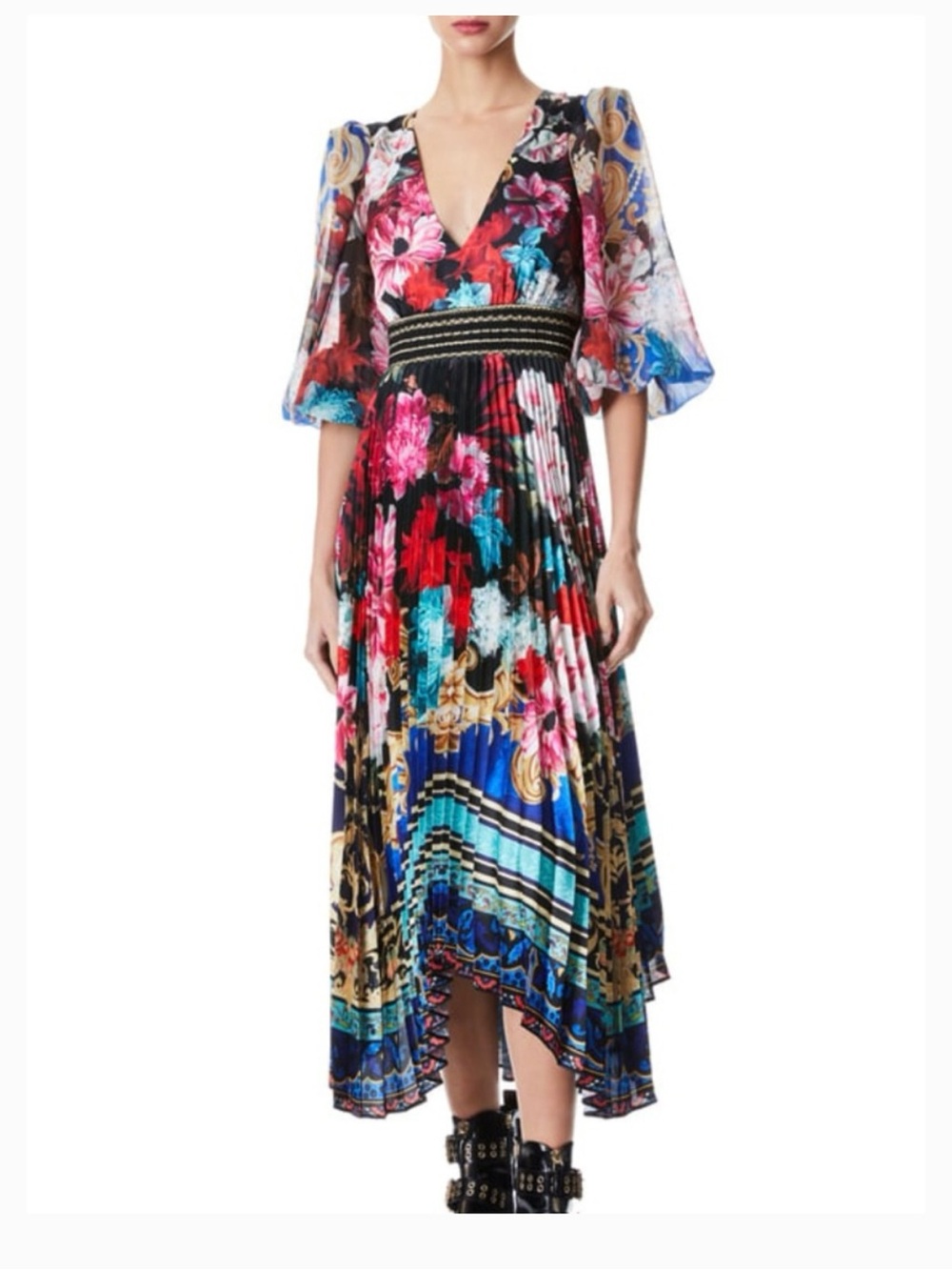 Alice + Olivia Multicolor Floral Pleated V-Neck Long Sleeve Midi Dress - Picture 9 of 9